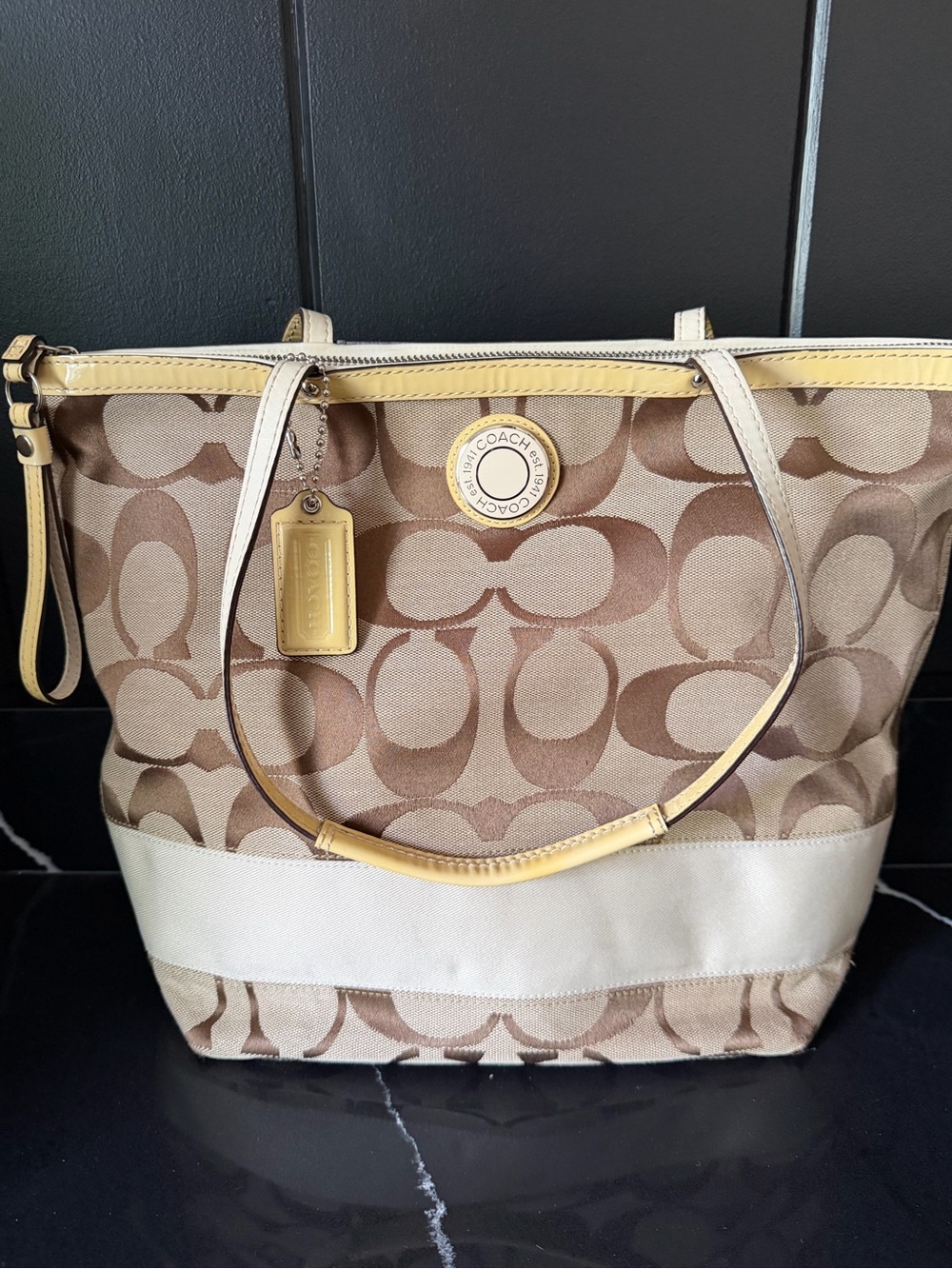 Coach Signature Stripe Tote Bag Khaki Cream Patent Trim